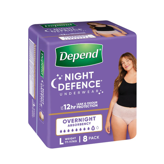 Depend Night Defence Incontinence Underwear Large 77-117kg 8 pack front view