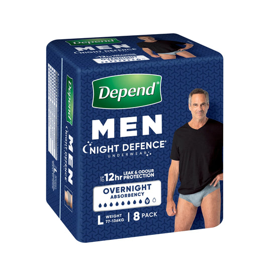 Depend MEN Night Defence Underwear Large 8 Pack - Front view of packaging showing overnight protection pull-ups