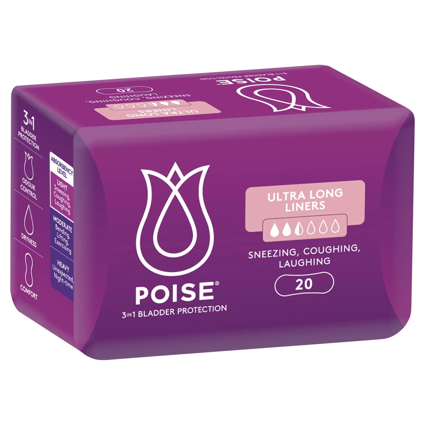 Poise 3-in-1 Bladder Protection Ultra Long Liners 6 Drop - Front packaging view showing moderate absorbency protection