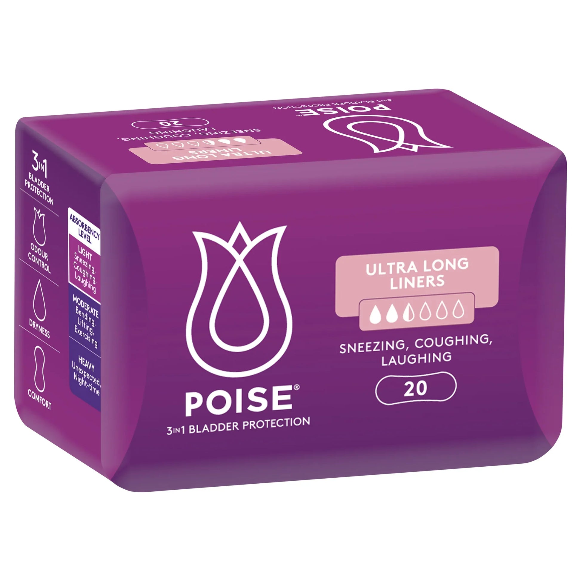 Poise 3-in-1 Bladder Protection Ultra Long Liners 6 Drop - Front packaging view showing moderate absorbency protection