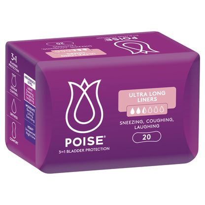 Poise 3-in-1 Bladder Protection Ultra Long Liners 6 Drop - Front packaging view showing moderate absorbency protection