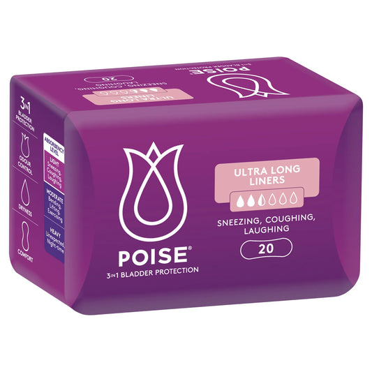 Poise 3-in-1 Bladder Protection Ultra Long Liners 6 Drop - Front packaging view showing moderate absorbency protection