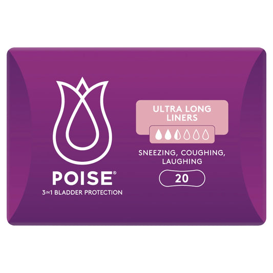 Poise Ultra Long Liners - Back view showing product features and usage information
