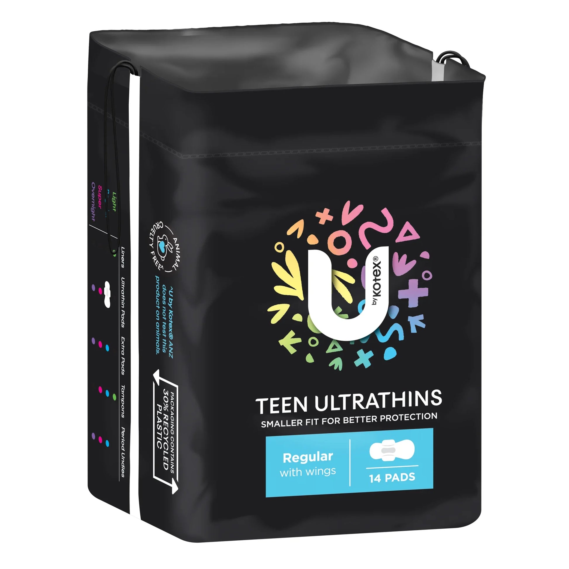 U by Kotex Teen Ultrathins Regular with Wings - Colorful teen-focused packaging with 14 pads
