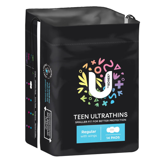 U by Kotex Teen Ultrathins Regular with Wings - Colorful teen-focused packaging with 14 pads
