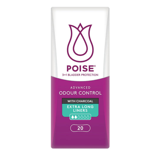 Poise Extra Long Charcoal Liners - Back view showing advanced odour control features