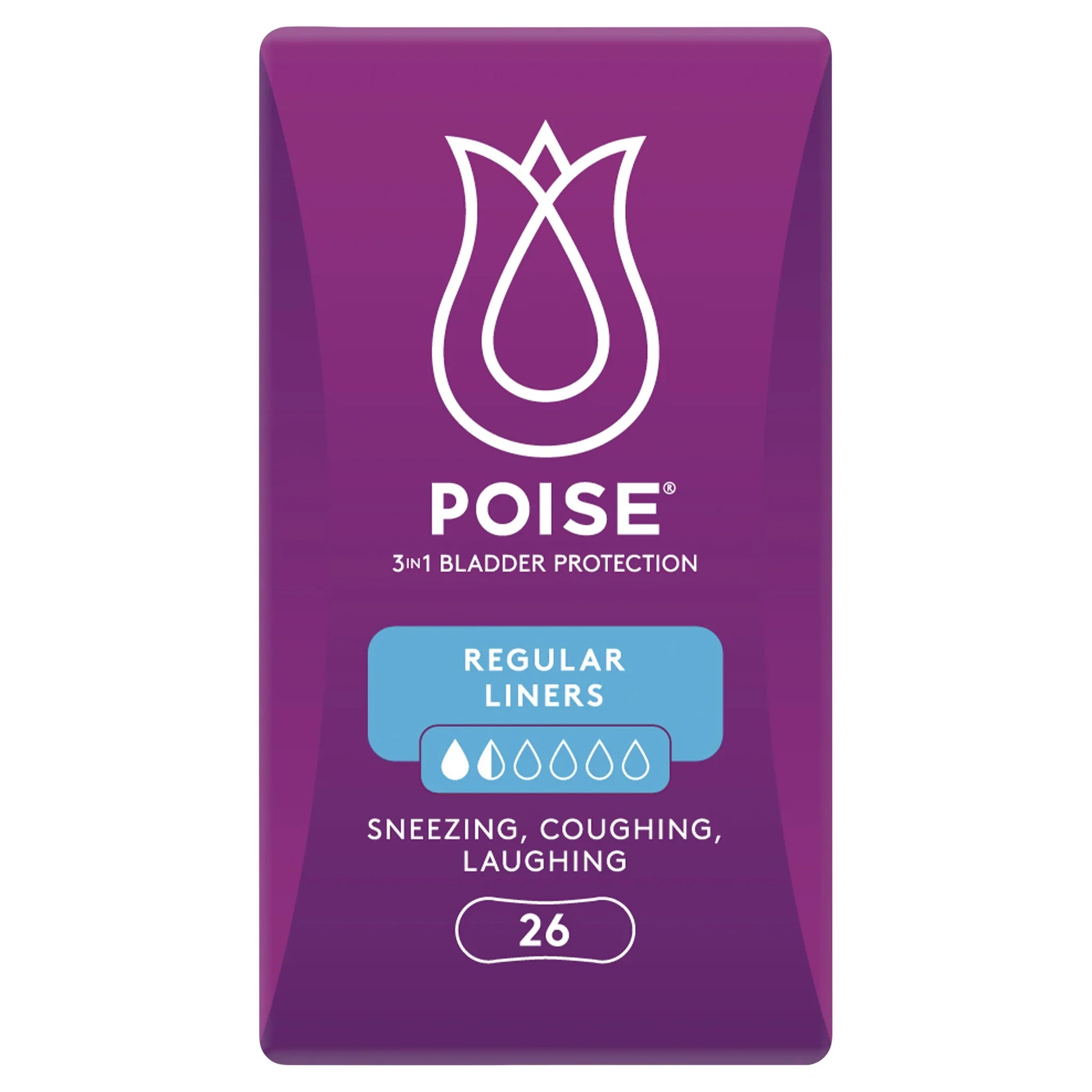 Poise Regular Liners - Back view showing product features and usage information