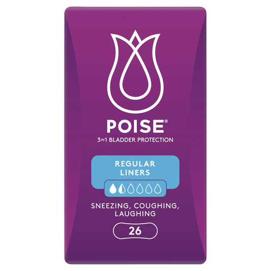 Poise Regular Liners - Back view showing product features and usage information