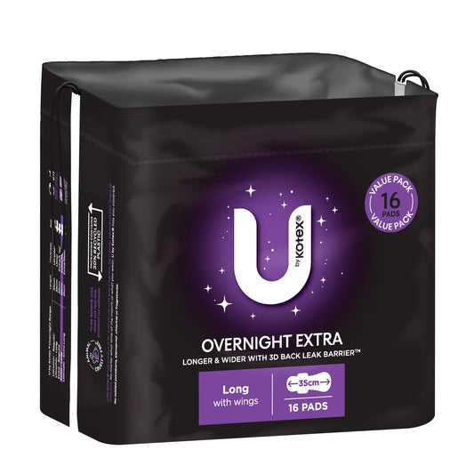 U by Kotex Overnight Extra pads with wings 16 pack for heavy flow protection