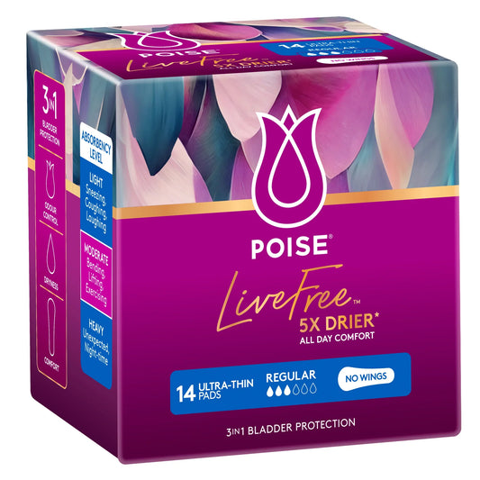 Poise LiveFree Regular pads no wings 14 pack for moderate bladder protection