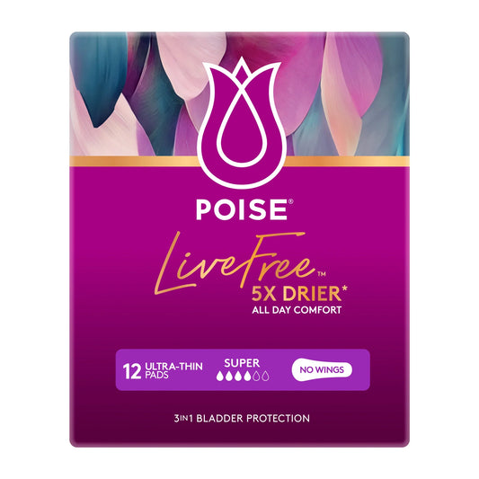 Poise LiveFree Super pads package back view showing product details