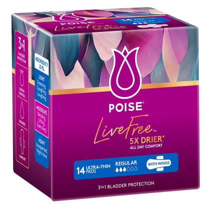 Poise LiveFree Regular pads with wings 14 pack for secure moderate protection