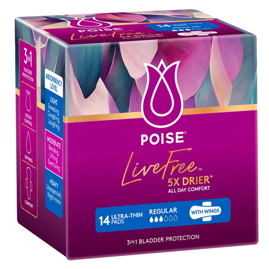 Poise LiveFree Regular pads with wings 14 pack for secure moderate protection