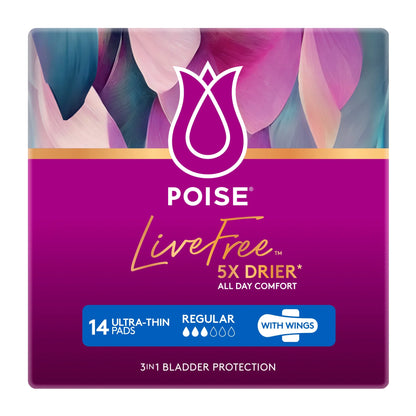 Poise LiveFree Regular pads with wings package back view