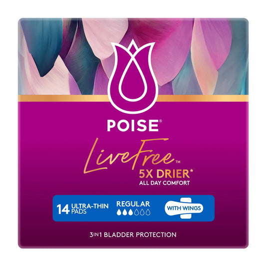Poise LiveFree Regular pads with wings package back view