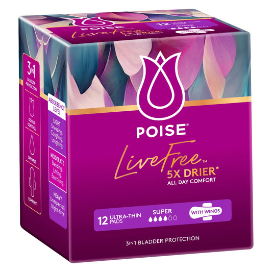Poise LiveFree Super pads with wings 12 pack for secure heavy protection