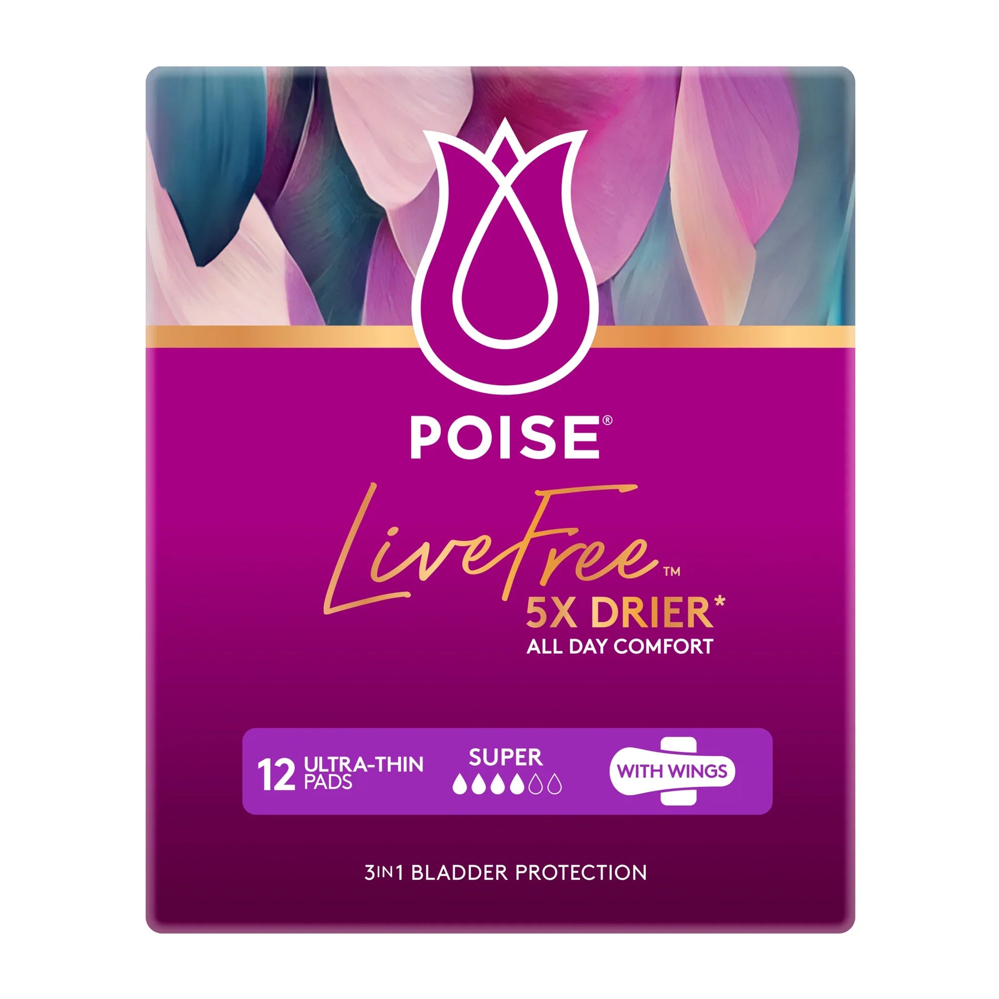 Poise LiveFree Super pads with wings package back view
