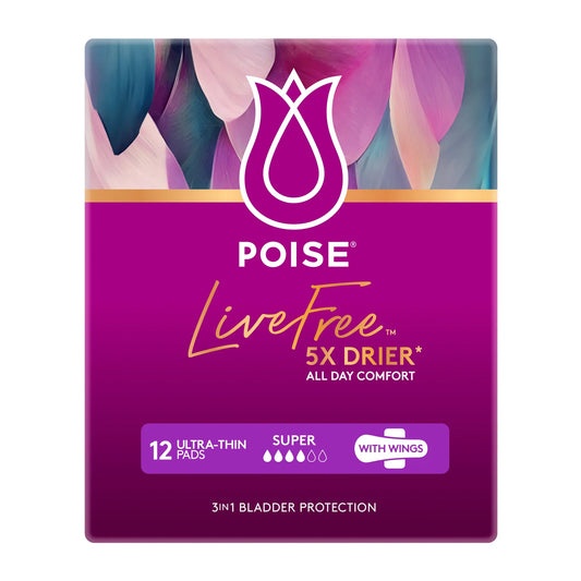 Poise LiveFree Super pads with wings package back view