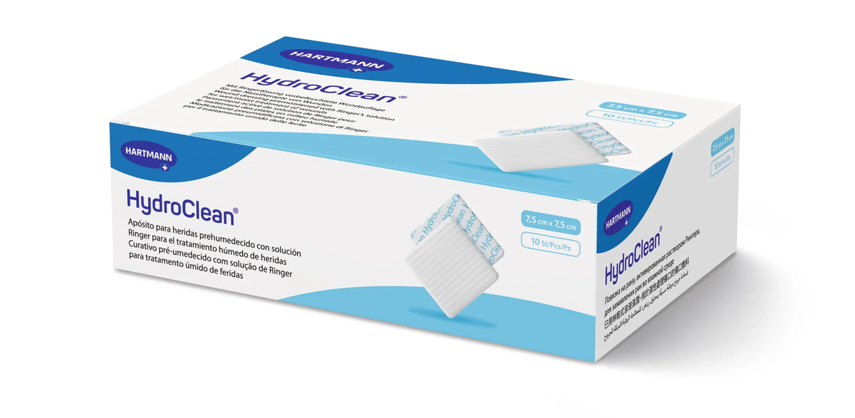 Hartmann HydroClean hydro-responsive wound dressing 7.5x7.5cm box with dressing visible